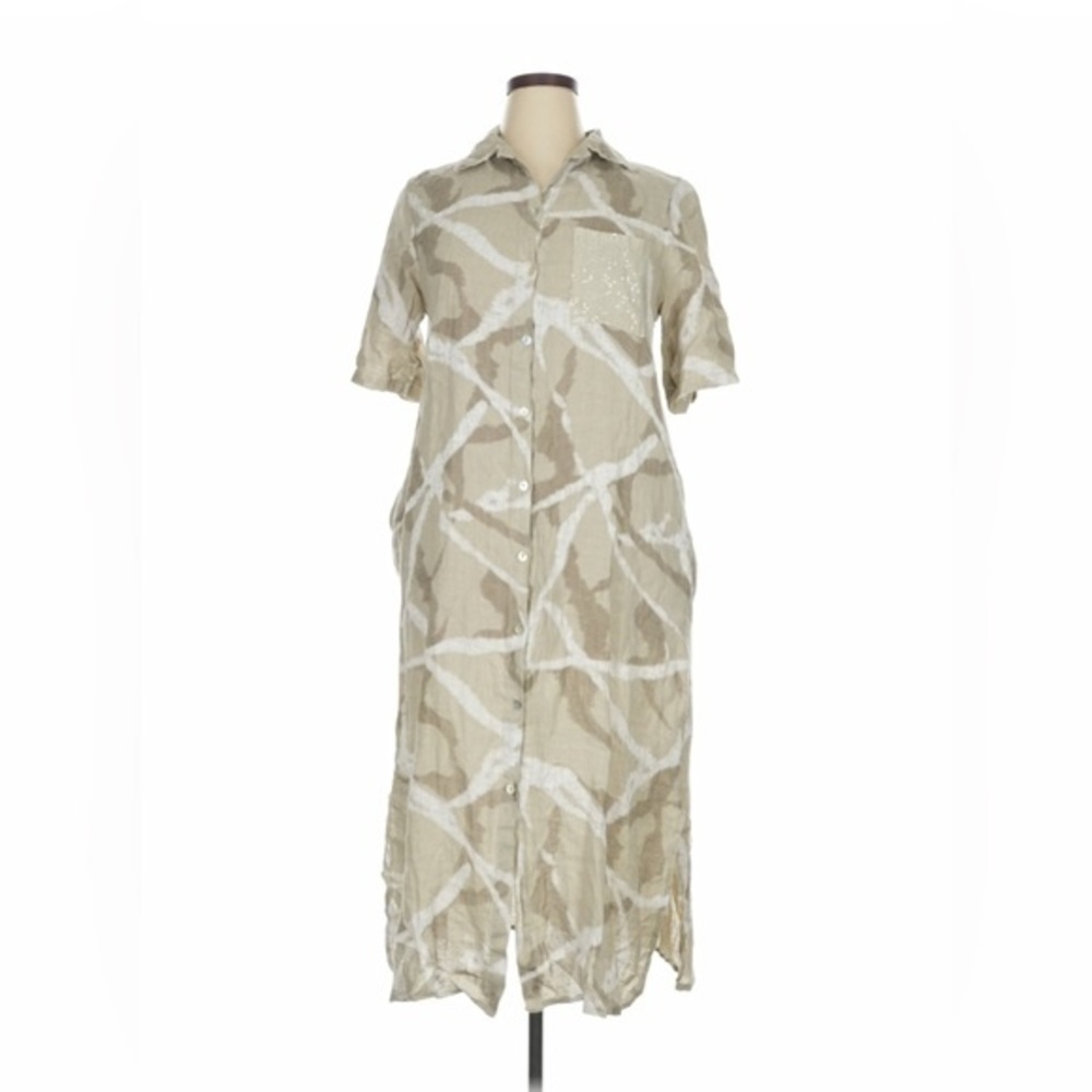 Cristina Vergani Linen Short Sleeve Shirt Dress XL Tan Abstract Italy Midi NEW